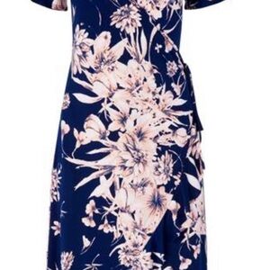 VENUS Floral Wrap Midi Dress in Navy and Pink